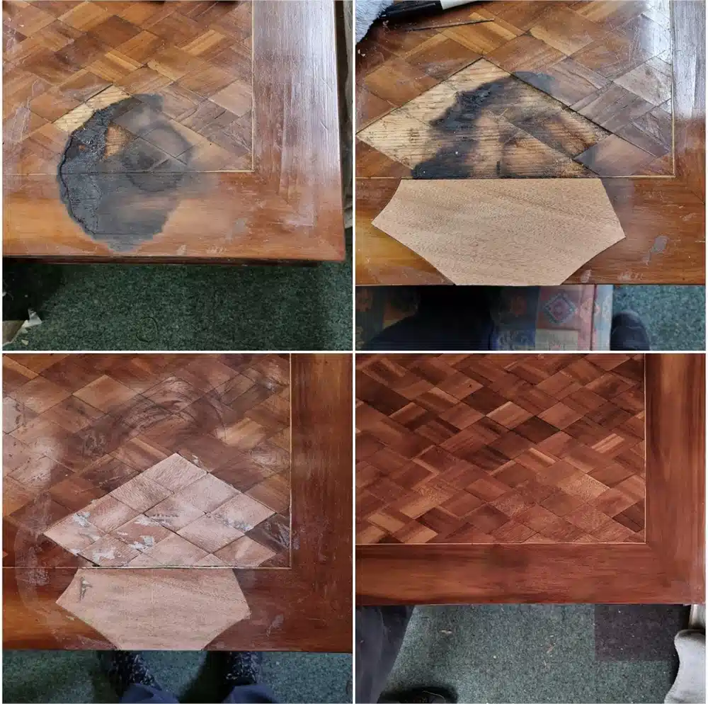 Burn damaged inlay chest repaired.